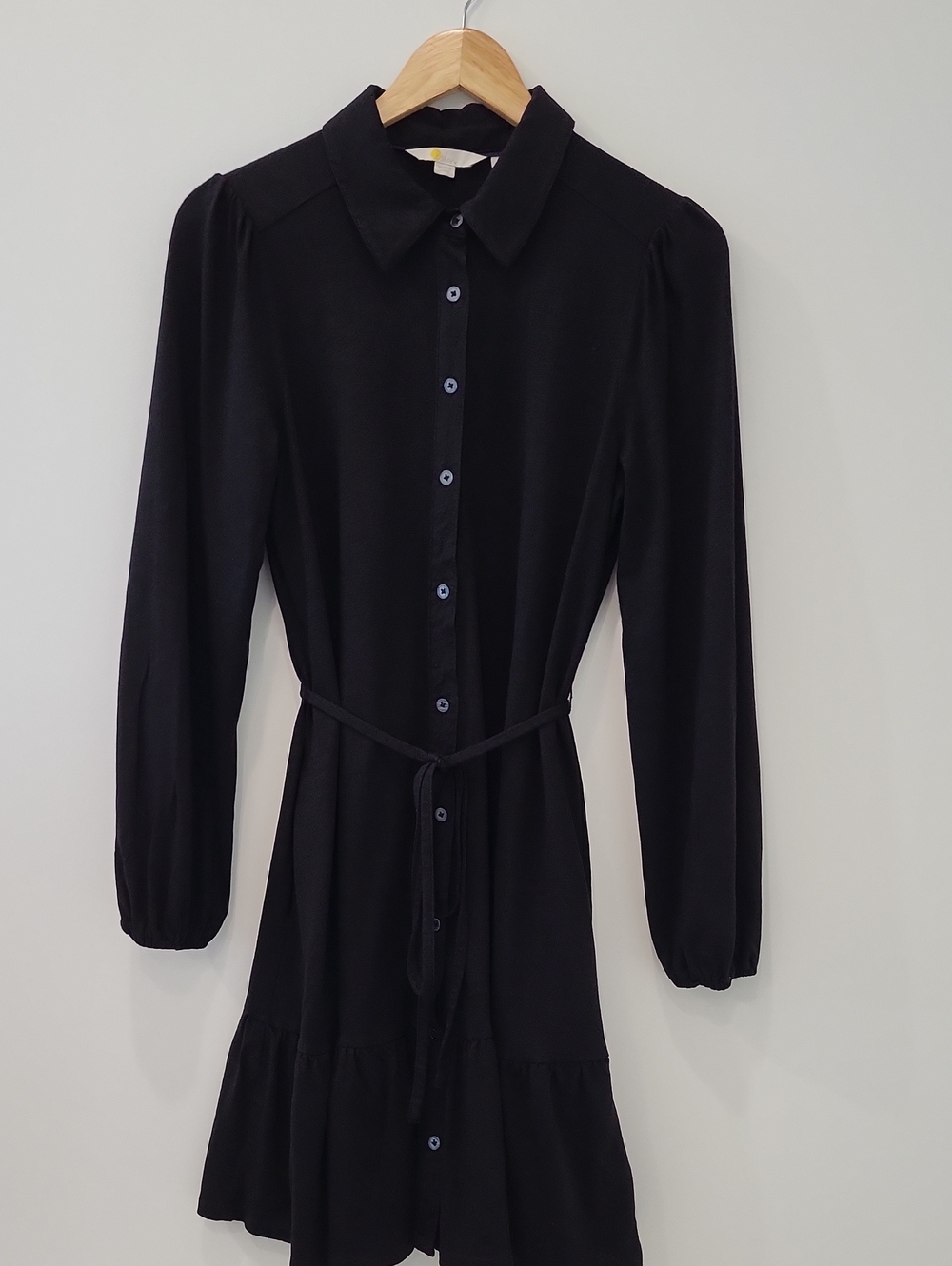 Boden Black Long-Sleeve Button Shirt Dress with Tie Waist